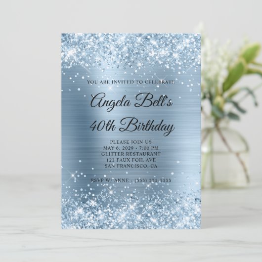 きらびやかなライトブルーフォイルモノグラム40th誕生日 招待状 (スタンド正面)