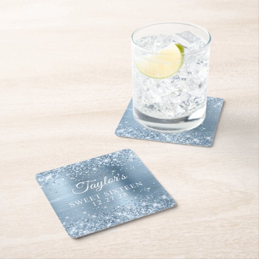 きらびやかなライトブルーフォイルSweet sixteen スクエアペーパーコースター (インサイチュ)