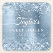 きらびやかなライトブルーフォイルSweet sixteen スクエアペーパーコースター (正面)