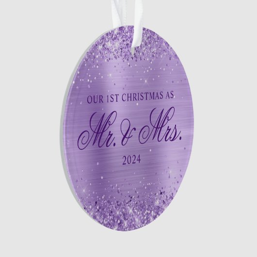 きらびやかなラベンダーフォイル私たちの第1のクリスマスフォト オーナメント (正面)