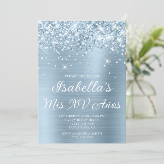 きらびやかな埃っぽいブルーフォイルMis XVアニョス写真 招待状 (スタンド正面)