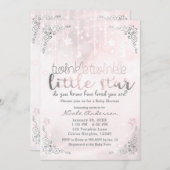 きらびやかな小さなスターピンク&シルバー赤ちゃんシャワー 招待状 (正面/裏面)