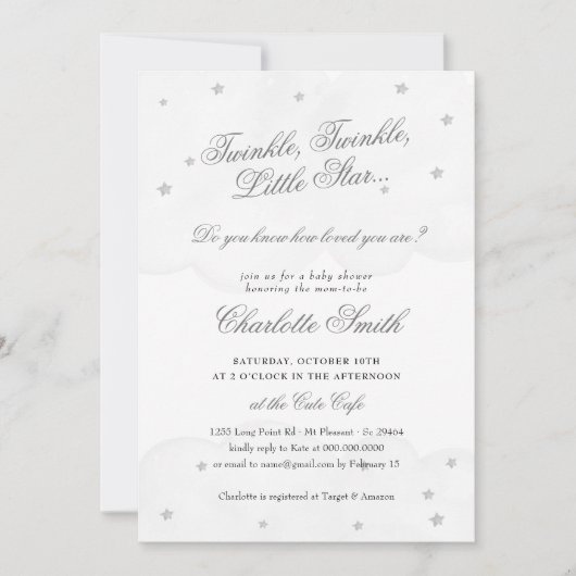 きらびやかな小さな星の灰色の赤エレガントちゃんシャワー 招待状 (正面)