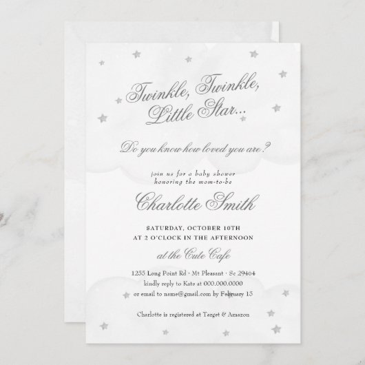 きらびやかな小さな星の灰色の赤エレガントちゃんシャワー 招待状 (正面/裏面)