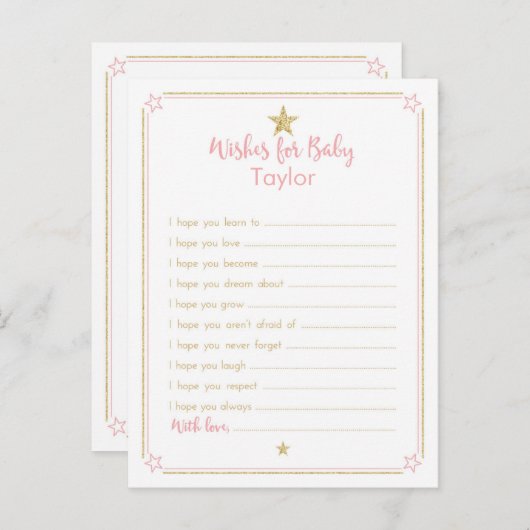 きらびやかな小さな星の赤ちゃんシャワーの願い、ピンクの金ゴールド アドバイスカード (正面/裏面)