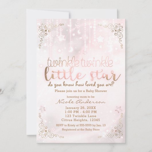 きらびやかな小さな星ピンクの金ゴールド輝く赤ちゃんシャワー 招待状 (正面)
