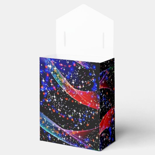 きらびやかな星、青、赤ピンクのゴスマーのリボンクリスマス フェイバーボックス (オープン)