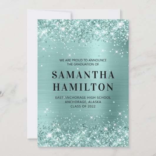 きらびやかな淡い色のターコイズフォイル卒業 案内状 (正面)