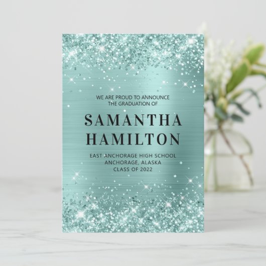 きらびやかな淡い色のターコイズフォイル卒業 案内状 (スタンド正面)