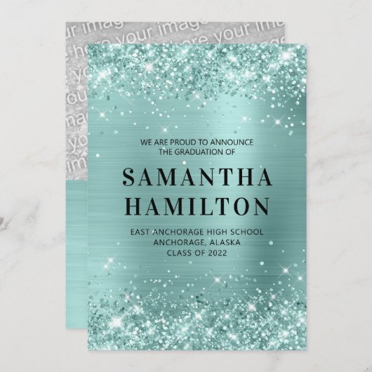 きらびやかな淡い色のターコイズフォイル卒業 案内状 (正面/裏面)