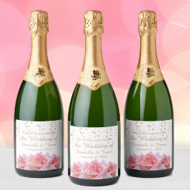 きらびやかな白ワインのラベルにピンクのバラきらめくス スパークリングワインラベル