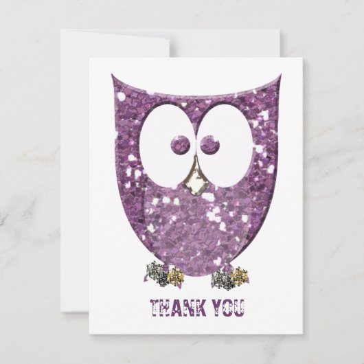 きらびやかな紫色のきらきら光るなフクロウの平たい箱はノート感謝していしています ノートカード (正面)