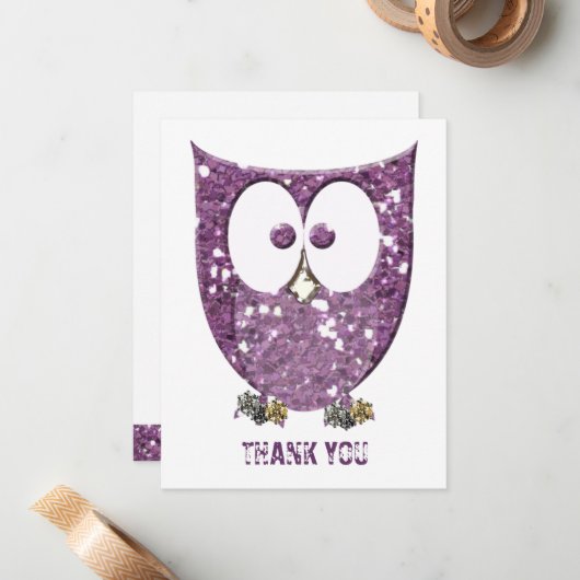 きらびやかな紫色のきらきら光るなフクロウの平たい箱はノート感謝していしています ノートカード (正面/裏面インサイチュ)