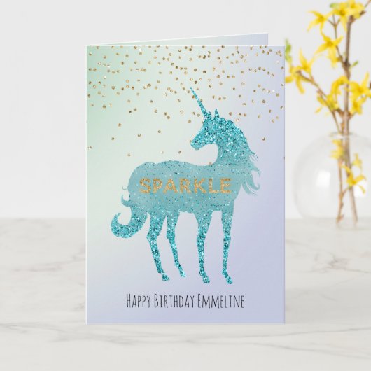 きらびやかな紫色のアクアスパークルユニコーン名 カード (黄色い花)