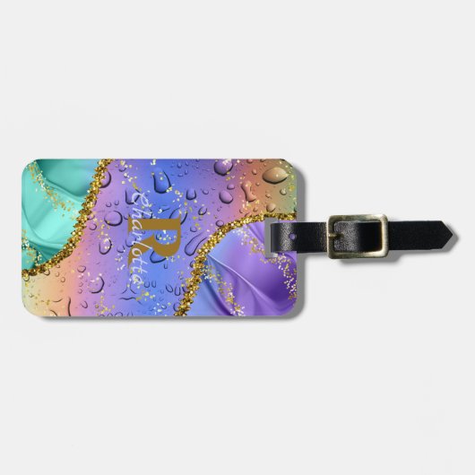 きらびやかな紫、アクアブルー、エメラルドグリーングラデーション ラゲッジタグ (正面横)