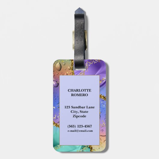 きらびやかな紫、アクアブルー、エメラルドグリーングラデーション ラゲッジタグ (裏面縦)