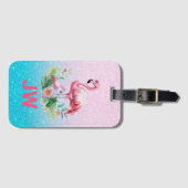 きらびやかな背景に可愛いピンクのフラミンゴ ラゲッジタグ (正面横)