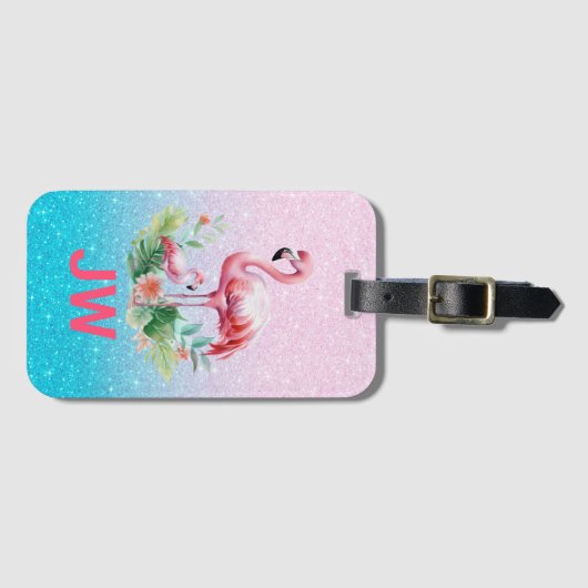 きらびやかな背景に可愛いピンクのフラミンゴ ラゲッジタグ (正面横)