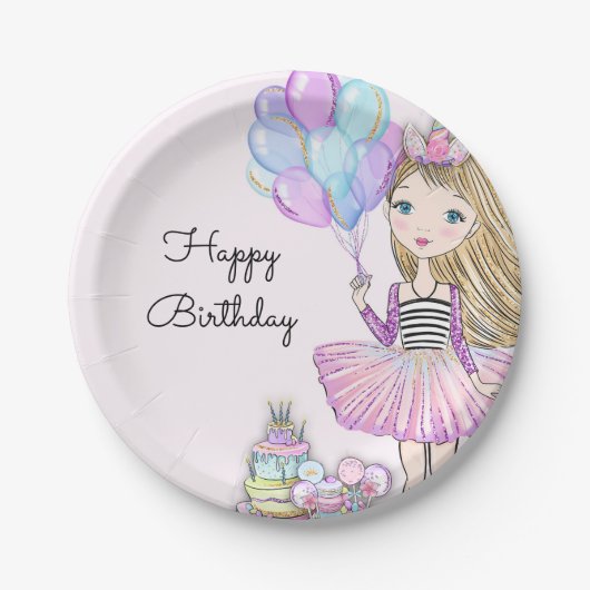 きらびやかな誕生日グラムガールユニコーン ペーパープレート (正面)
