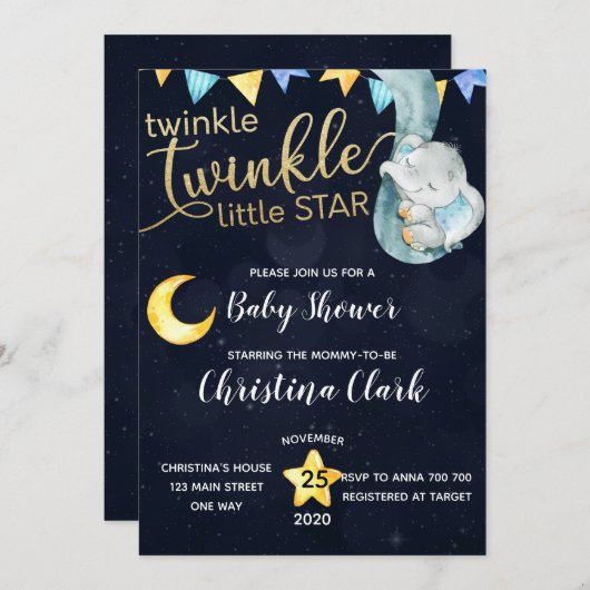 きらびやかな象の月と星ベビーシャワー 招待状 (正面/裏面)