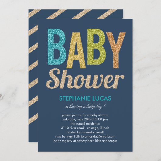 きらびやかな赤ちゃんシャワー招待状 – 男の子 招待状 (正面/裏面)