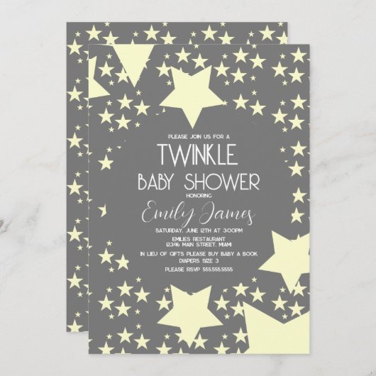 きらびやかな赤ちゃんシャワー黄色い星グレー背景 招待状 (正面/裏面)