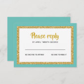 きらびやかな金ゴールドとティール(緑がかった色)バルミツワー返信 出欠カード (正面/裏面)