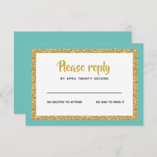 きらびやかな金ゴールドとティール（緑がかった色）バルミツワー返信 出欠カード