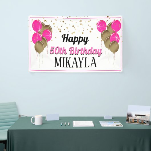 きらびやかな金ゴールドとピンクのハッピーバースデーバナー 横断幕 (トレードショー)