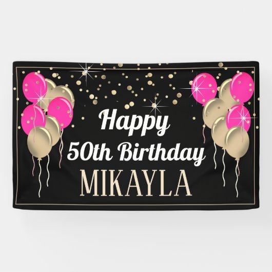 きらびやかな金ゴールドとピンクのハッピーバースデーバナー 横断幕 (横)