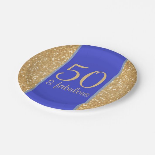 きらびやかな金ゴールドとブルー50と素晴らしい50誕生日 ペーパープレート (アングル)