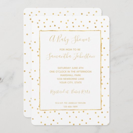 きらびやかな金ゴールドと白い紙吹雪赤ちゃんシャワー 招待状 (正面/裏面)