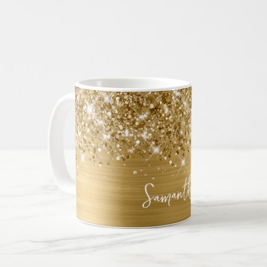 きらびやかな金ゴールドのガラス名 コーヒーマグカップ (正面左)