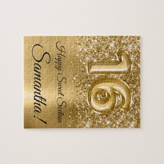 きらびやかな金ゴールドグラムバルーンスウィート16誕生日 ジグソーパズル (横)