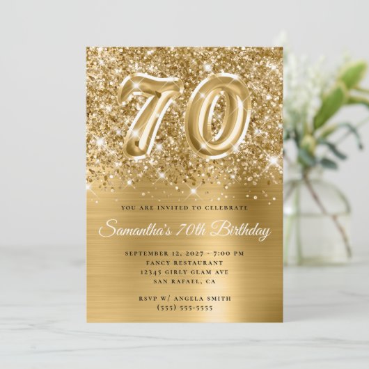 きらびやかな金ゴールドグラーム第70誕生日 招待状 (スタンド正面)