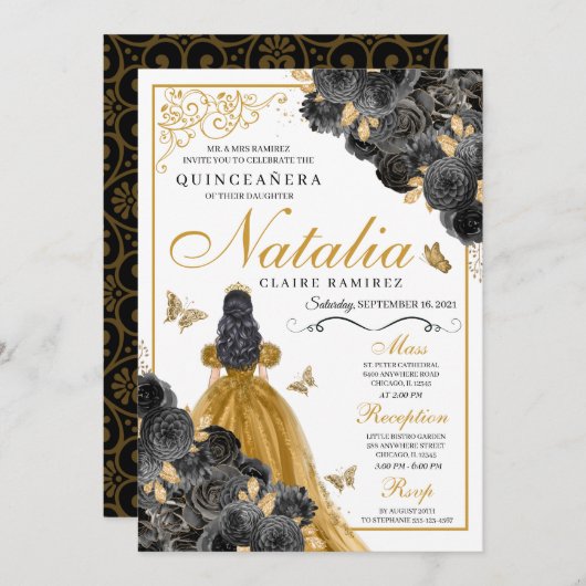 きらびやかな金ゴールドバラバタフライプリンセスキンセアニラ 招待状 (正面/裏面)