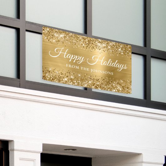 きらびやかな金ゴールドパーソナライズされたハッピーホリデー 横断幕 (ビルの外側)