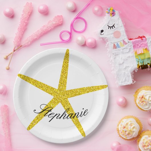 きらびやかな金ゴールドヒトデ模様名前をカスタムする スタイリッシュ ペーパープレート
