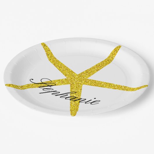 きらびやかな金ゴールドヒトデ模様名前をカスタムする スタイリッシュ ペーパープレート (アングル)