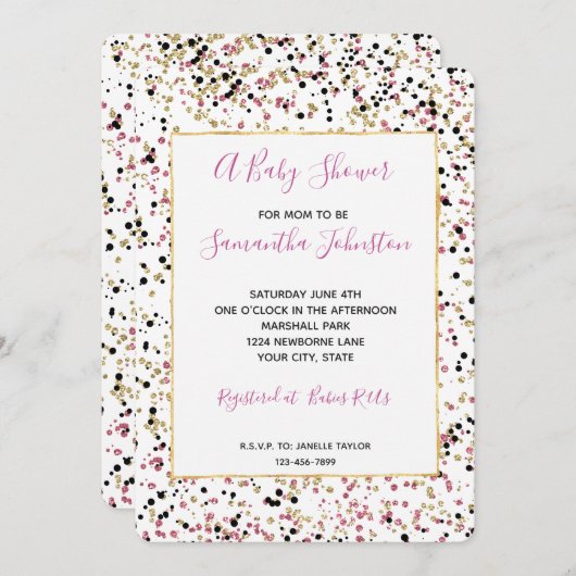 きらびやかな金ゴールドピンクブラック紙吹雪ドット赤ちゃんシャワー 招待状 (正面/裏面)