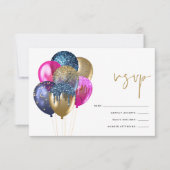 きらびやかな金ゴールドブルー明るい赤紫色バルーン60誕生日 出欠カード (正面)