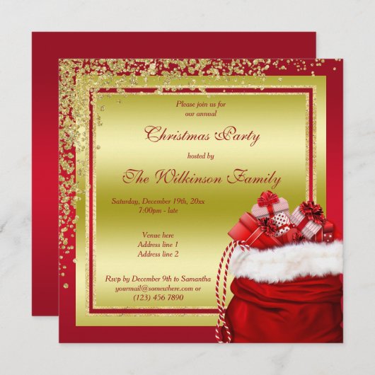 きらびやかな金ゴールド紙吹雪&サンタのギフトクリスマス 招待状 (正面/裏面)