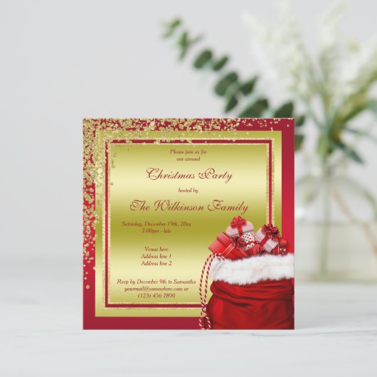 きらびやかな金ゴールド紙吹雪&サンタのギフトクリスマス 招待状 (スタンド正面)