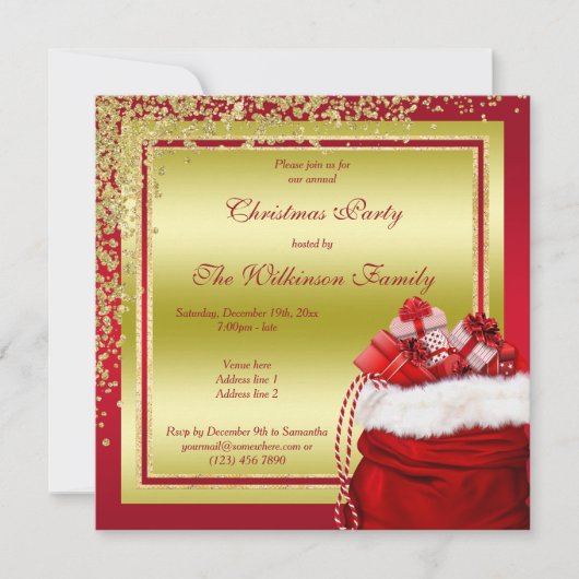 きらびやかな金ゴールド紙吹雪&サンタのギフトクリスマス 招待状 (正面)