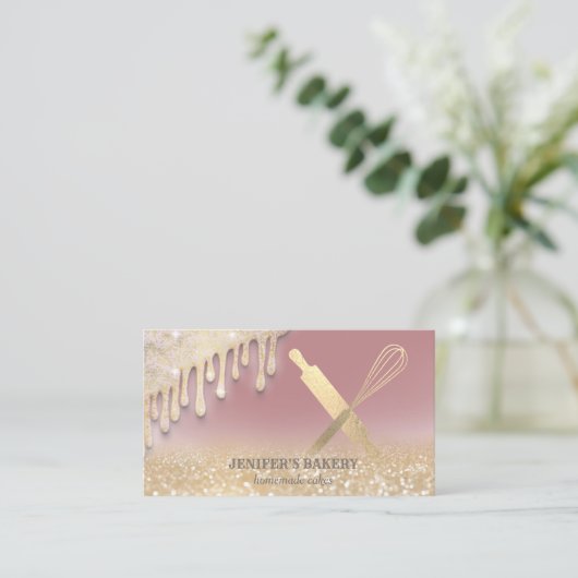 きらびやかな金ゴールド転がドリップスのピンウィスクシェフベーカリー 名刺 (スタンド正面)