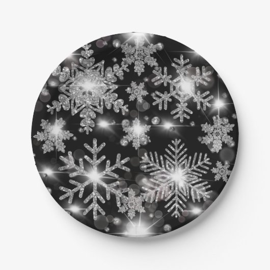 きらびやかな銀フェスティバル雪片パターン ペーパープレート (正面)