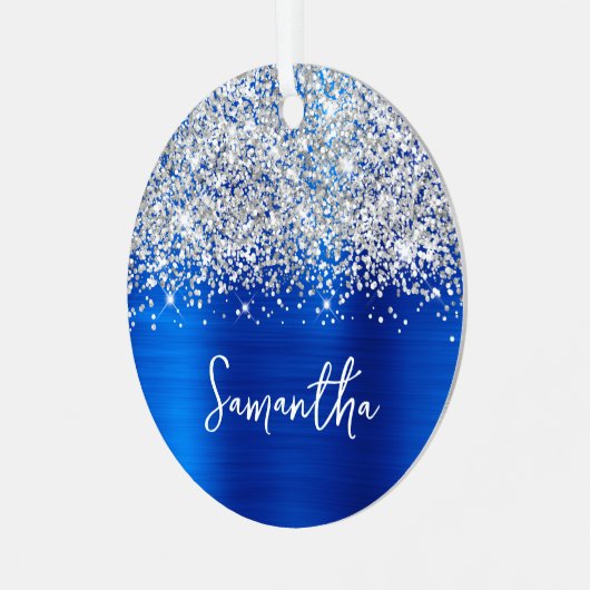 きらびやかな銀王室の色のガラスの名前 メタルオーナメント (正面左)