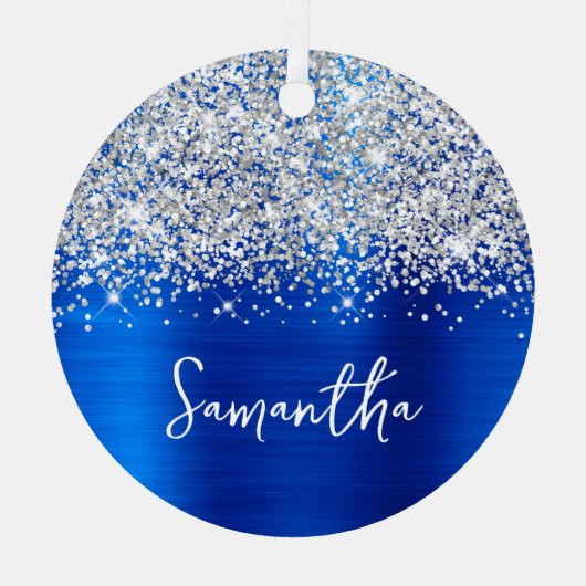 きらびやかな銀王室の色のガラスの名前 メタルオーナメント (正面)