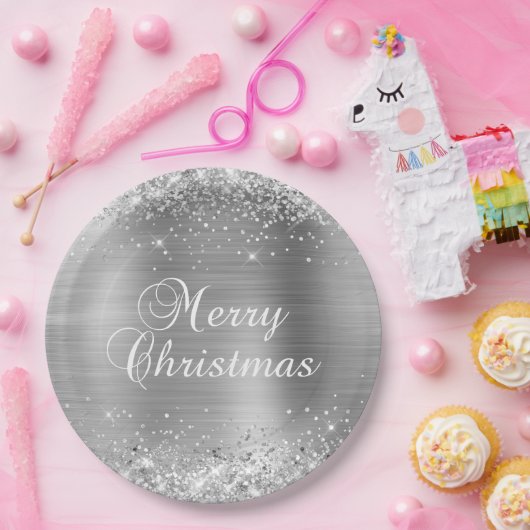 きらびやかな銀箔メリークリスマス ペーパープレート (パーティー)