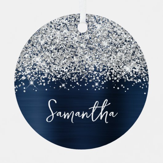 きらびやかな銀色のネイビーブルーグラーム名 メタルオーナメント (正面)